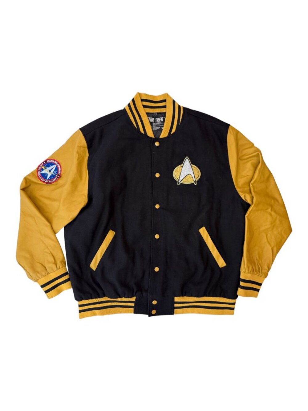 ThinkGeek Star Trek Starfleet Command Varsity Jacket | Black & Gold | Men's XL